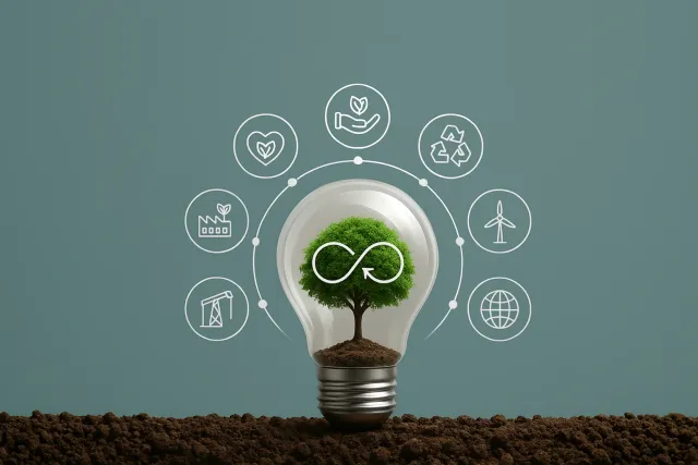 Glühbirne mit einem Baum und einem Kreislaufsymbol, umgeben von Symbolen für Recycling, Energie und Industrie